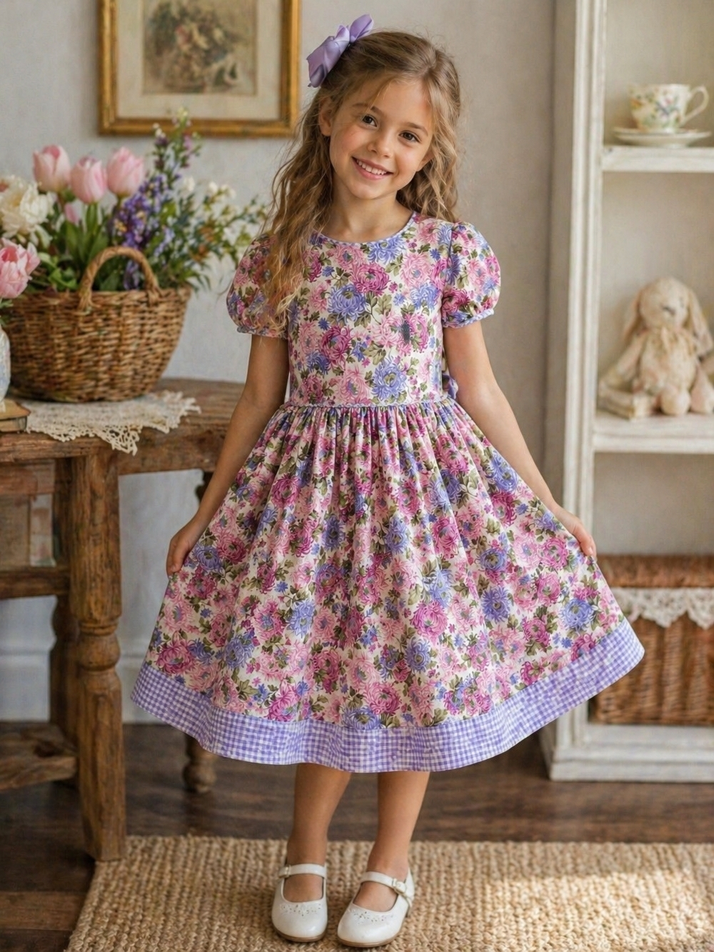 Vintage Girls Floral Dress Size 6 | Pink Purple Cottagecore Tie Back - Picture 1 of 15